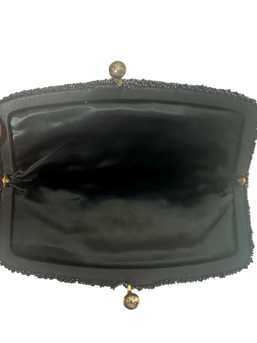 VINTAGE Black Satin Beaded Fold Over Clutch Bag with Brass Kiss Lock Closure